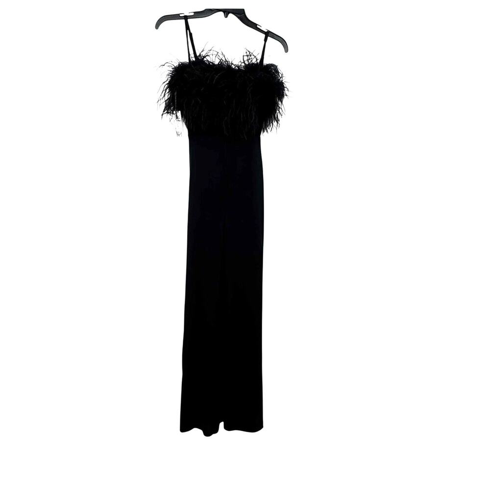 Dear Moon Long Dress Black Corset Bodice Feather Trim Size 1 NWT $229
